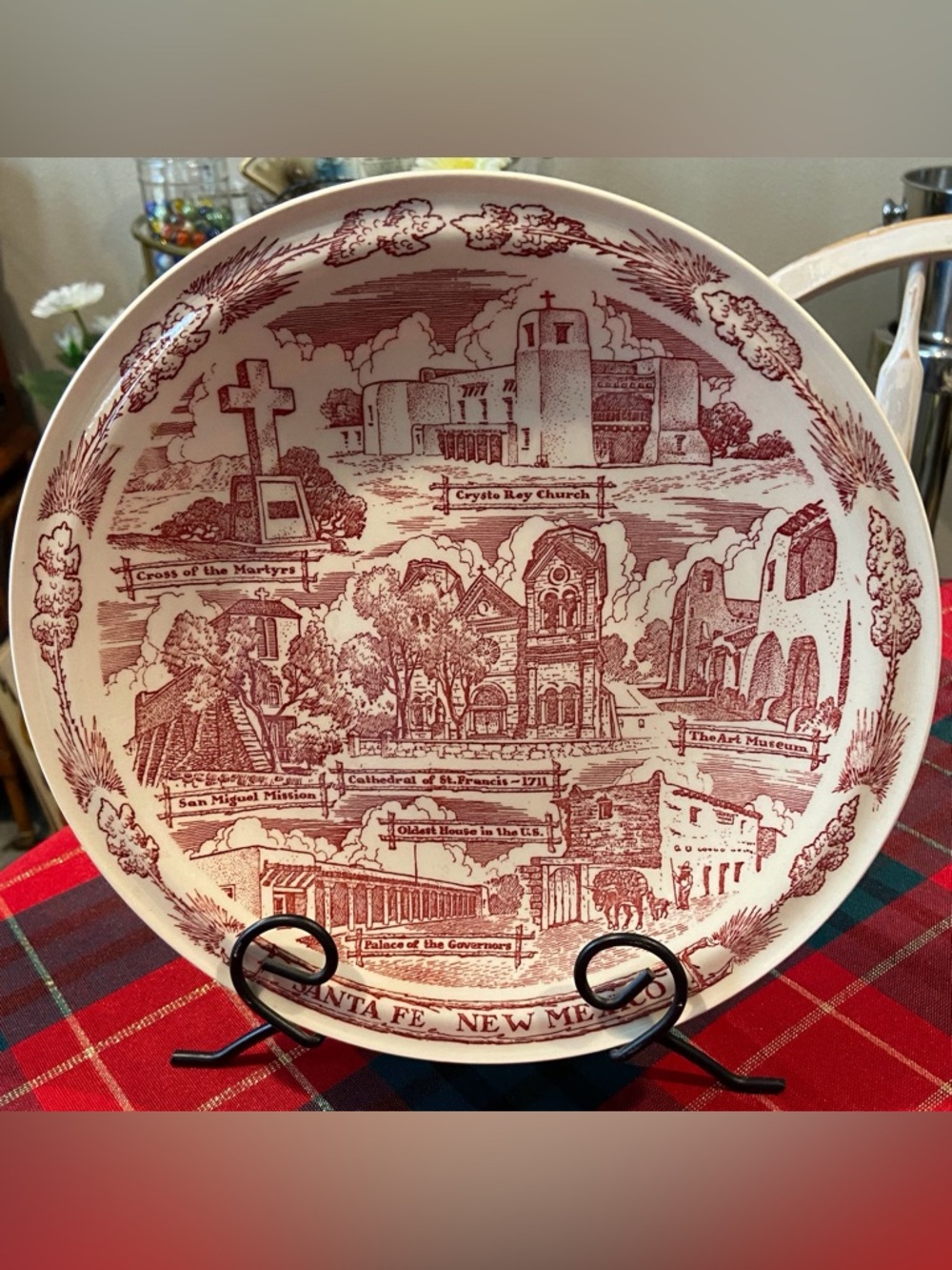 Vintage Vernon Kilns Santa Fe Souvenir Plate - Red Transferware